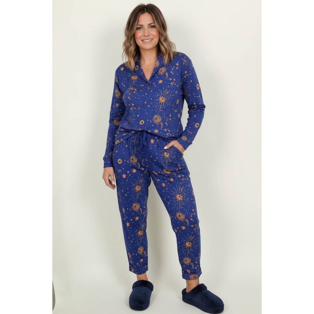 Room Service Women's Medium Blue Celestial Sun Moon Star 2-Piece Pajama Set